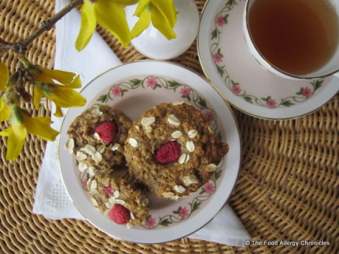 A plate of Dairy, Egg, Soy and Peanut/Tree Nut Free Oatmeal Lemon Raspberry Muffins